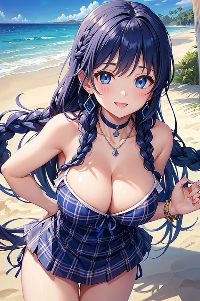 Highest quality、Highest quality、masterpiece、Beauty(Age 25)、Navy blue long hair(Braided sides)、blue eyes、Sexy plaid bikini、Big cleavage、(Big Breasts),smile、blue necklace、Blue Earrings、background(Beach)、Please open your mouth wide、head band、bracelet、Dynamic pose、Blue choker