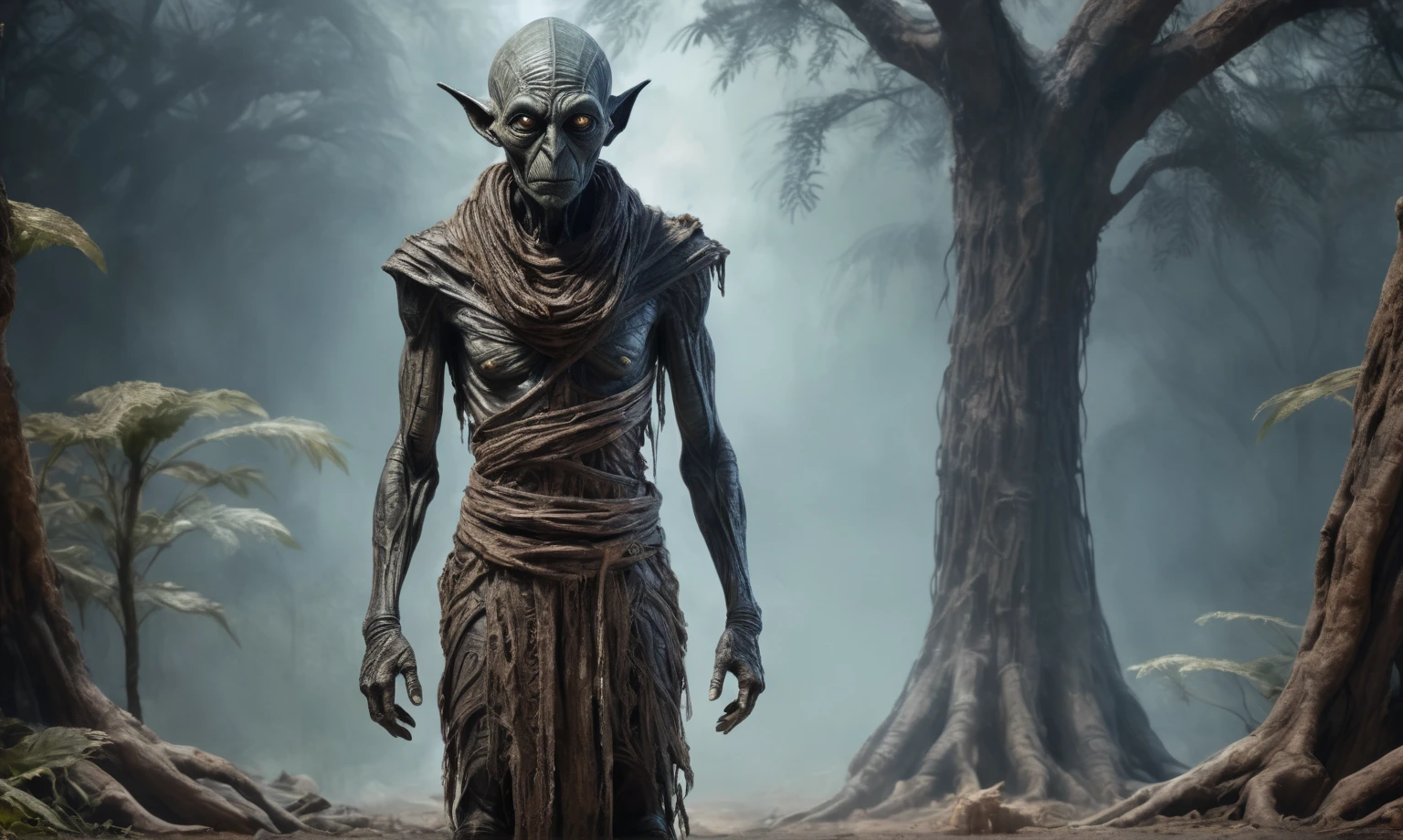 full body length shot,beggar niobium graphite mummy of Alien Entity,native africa sparas,,maya, criminal city of future,Cinematic,soft colors, Technicolor,natural skin textures, hyper realism, hyper detailed,Extremely detailed,High contrast,Masterpiece,Realistic,Ultra Detailed, intricate details,realistic humid leather,extremely intricate,Epic Realistic, cinematic style, irina yermolova,high contrast,hdr,extremely detailed, deep night landscape,masterpiece, intricate details, eyes extremely detailed, high detailed eyes,8k resolution,retina, Nikon Z9,Korea,orc,perfect, Elf,transition between two art styles, Double contact, X-ray, Creative, vivid light, fantasy, Abstract, Surrealism, super detailed, high resolution, trap against fairies between trees,insanity wear