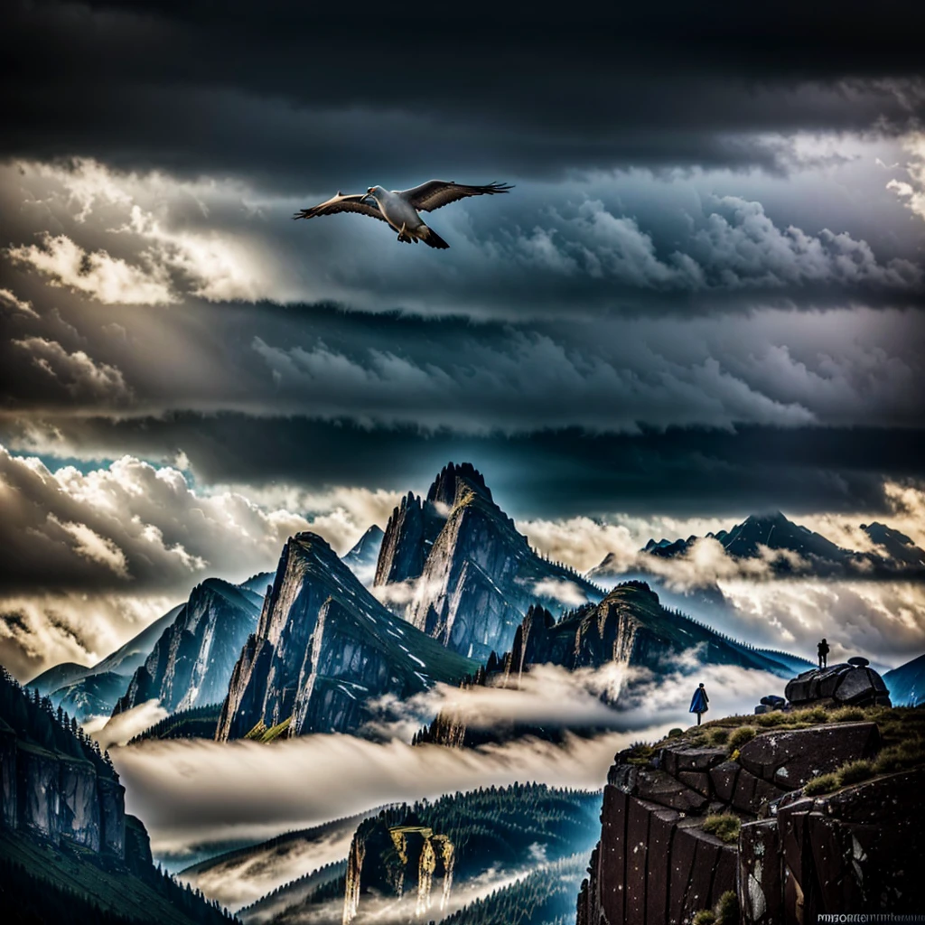 A majestic dark mountain, a lone white gigant dove soaring in the background, and one woman, (best quality,4k,8k,highres,masterpiece:1.2),ultra-detailed,(realistic,photorealistic,photo-realistic:1.37),dramatic lighting, dramatic sky, cinematic composition, intricate details, seamless blend of realism and fantasy, muted color palette, chiaroscuro lighting, moody atmosphere