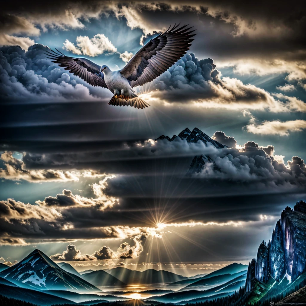 A majestic dark mountain, a lone white gigant dove soaring in the background, and one woman, (best quality,4k,8k,highres,masterpiece:1.2),ultra-detailed,(realistic,photorealistic,photo-realistic:1.37),dramatic lighting, dramatic sky, cinematic composition, intricate details, seamless blend of realism and fantasy, muted color palette, chiaroscuro lighting, moody atmosphere