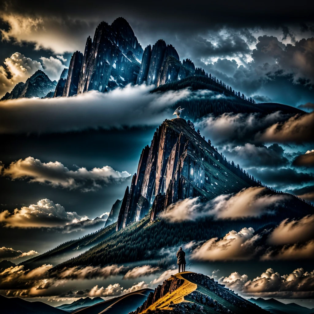 A majestic dark mountain, a lone white gigant dove soaring in the background, and one woman, (best quality,4k,8k,highres,masterpiece:1.2),ultra-detailed,(realistic,photorealistic,photo-realistic:1.37),dramatic lighting, dramatic sky, cinematic composition, intricate details, seamless blend of realism and fantasy, muted color palette, chiaroscuro lighting, moody atmosphere