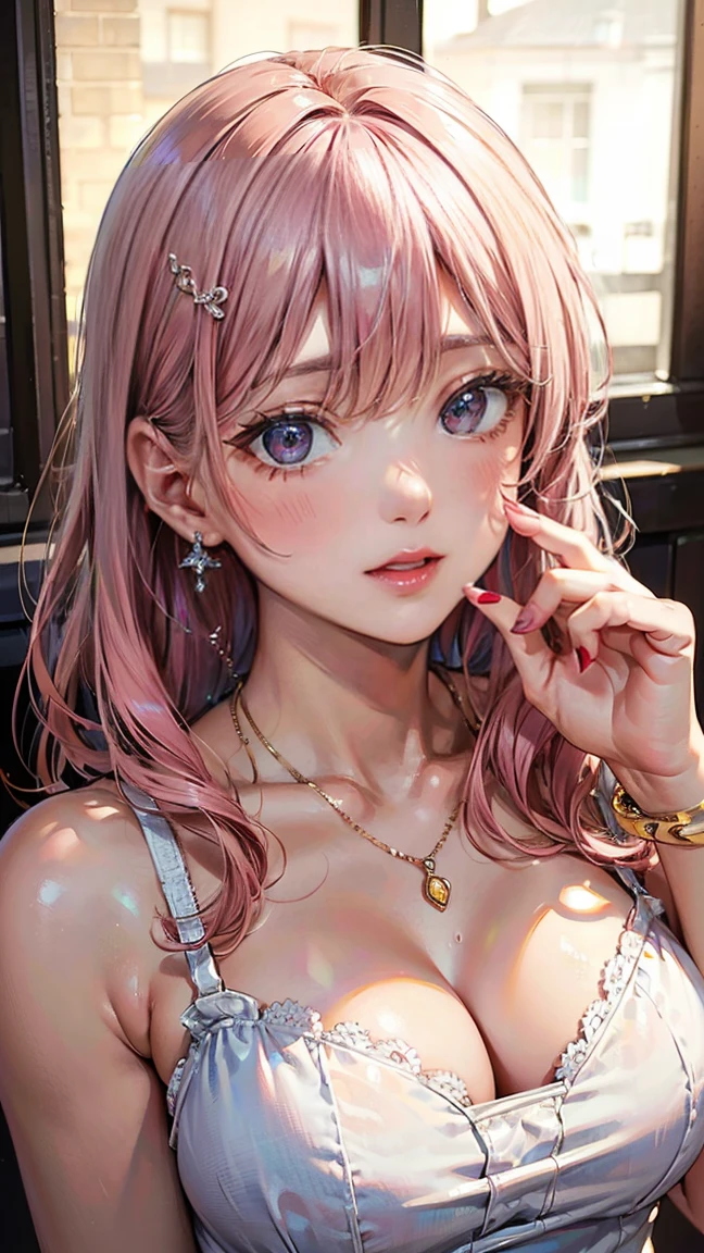 (Masterpiece, BestQuality:1.3), (ultra detailed:1.2), (hyperrealistic:1.3), (RAW photo:1.2), High detail RAW color photo, professional photograph, (Photorealistic:1.4), (realistic:1.4), professional lighting, perfect ???????, (???????????:1.2), (blush, detailed face), (A happy smile:1.7), Trending Hair&Trending Hairカラーをランダムに, earrings, necklace, bracelet, sexly, ?????? sexly, Random ???? gravure poses, (A woman in a white summer dress、ビーチカフェで友達と笑い合いながらA happy smileでセクシーなポーズをとっている。Pink straight hair is beautiful。:1.3)