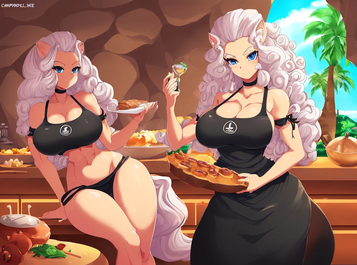 1 girl ((Made by Complextree)), Alolan Ninetales, ((One)), ((large and firm breasts, cave, extremely detailed, extremely detailed legs, extremely detailed arms, extremely detailed face, perfectly detailed eyes,perfectly detailed anatomy, Curly hair, Wearing a black chef uniform, kitchen))