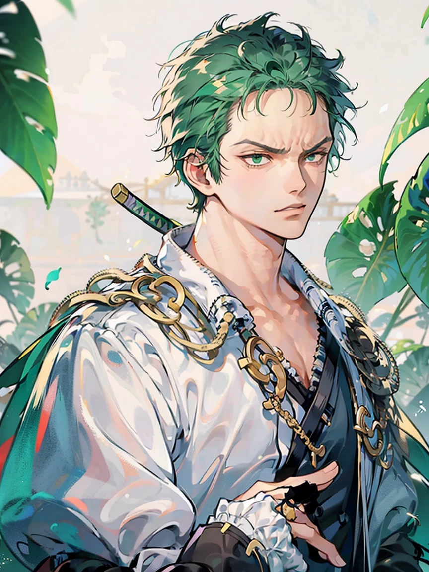 (masterpiece, best quality, Full HD), portrait, tilted head to the side, tilted head, frown, zoro roronoa, white background