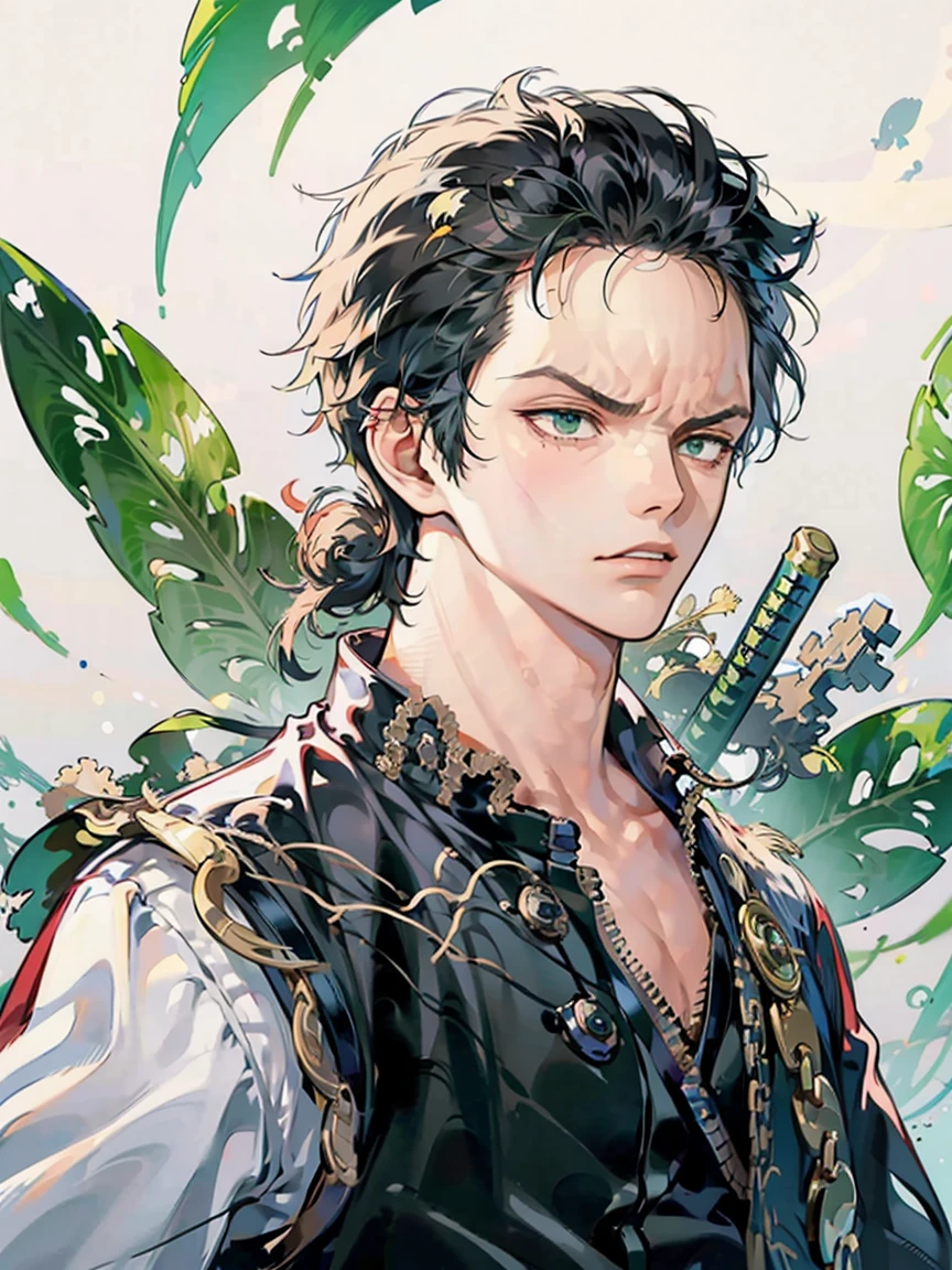 (masterpiece, best quality, Full HD), portrait, tilted head to the side, tilted head, frown, zoro roronoa, white background