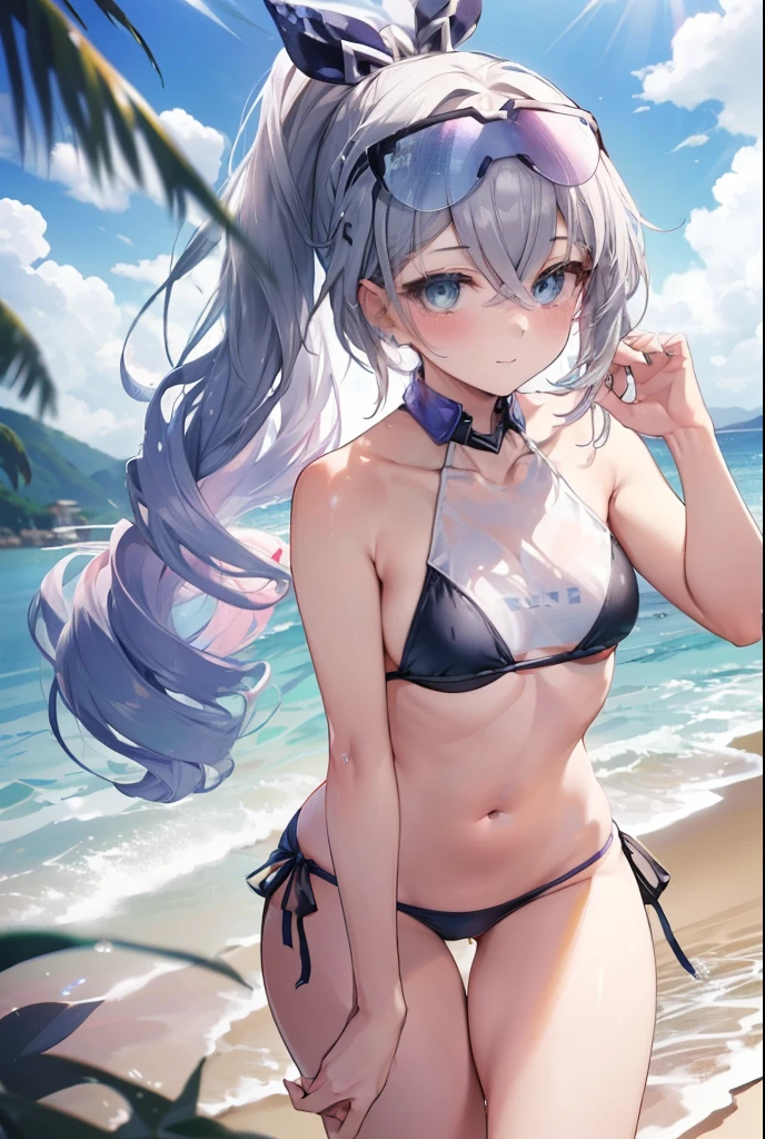 silverwolf、blush,smile、Cute Bikini👙、Playing in the sea、Primary school students、The back is very small、ta、Small breasts、Show me your armpits、exterior: 14 yulder Bare、The clavicle is visible、Sexy thighs、Beautiful feet、Usual hairstyle、Highest quality, High resolution, unity 8k wallpaper, (shape:0.8), (Beautiful and beautiful eyes:1.6), Highly detailed face, Perfect lighting, Extremely detailed CG, (Perfect hands, Perfect Anatomy),
