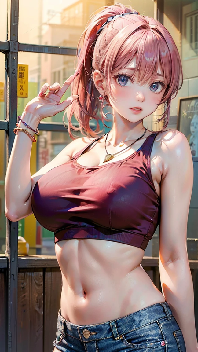 (Masterpiece, BestQuality:1.3), (ultra detailed:1.2), (hyperrealistic:1.3), (RAW photo:1.2), High detail RAW color photo, professional photograph, (Photorealistic:1.4), (realistic:1.4), professional lighting, perfect anatomy, (Big Breasts:1.2), (blush, detailed face), (A happy smile:1.7), Trending Hair&Trending Hairカラーをランダムに, earrings, necklace, bracelet, sexly, erotic sexly, Random sexy gravure poses, (A woman wearing a red crop top and denim shorts、ビーチバレーをしながらA happy smileでセクシーなポーズをとっている。Pink hair ponytail swinging。:1.3)