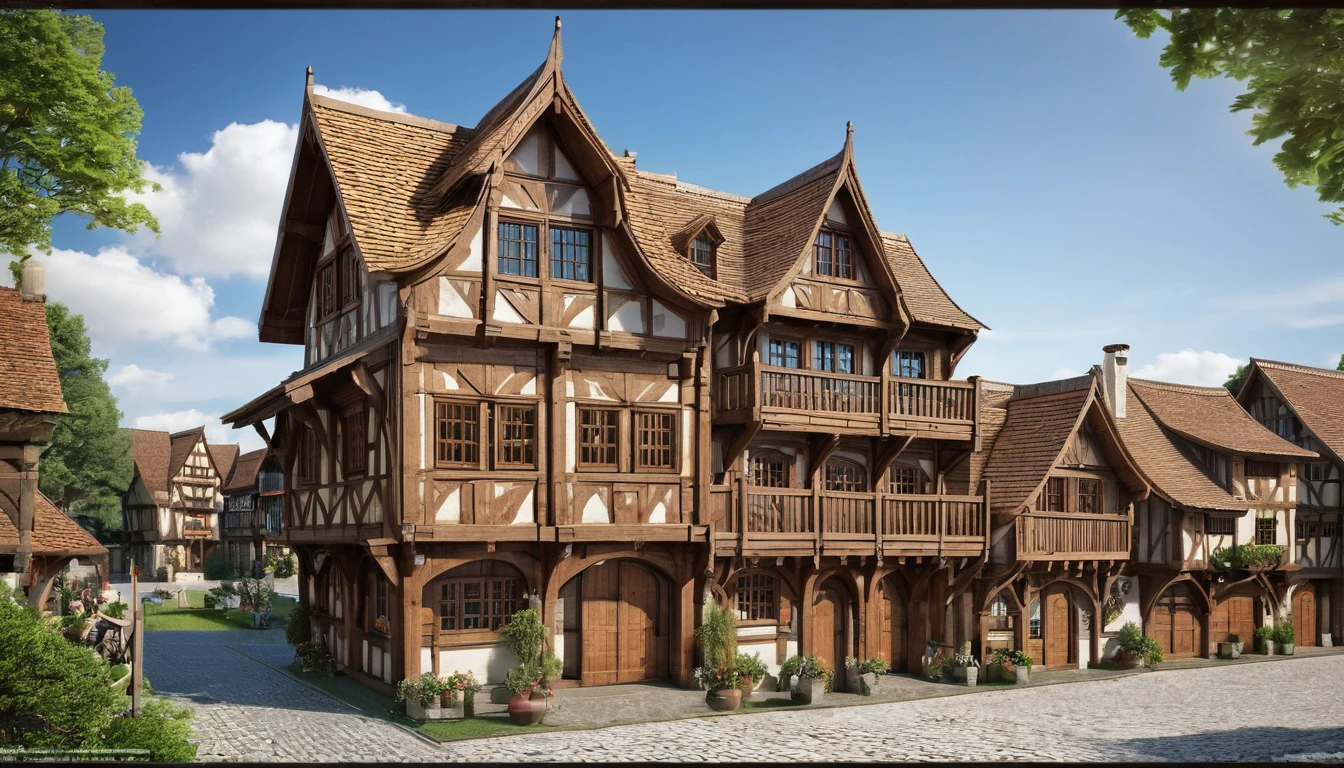 ((best quality)), ((masterpiece)), (detailed), Medieval wooden town house with plan