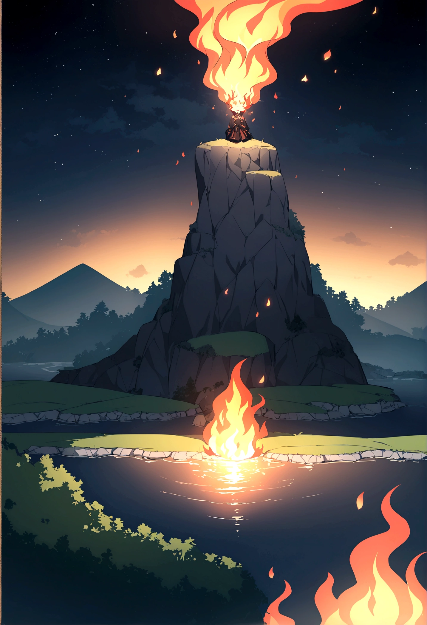 In the night sky, only the man's head is on fire and flying over the river.。The flame is flickering。Set the background to a tranquil rural landscape with a dark night sky。