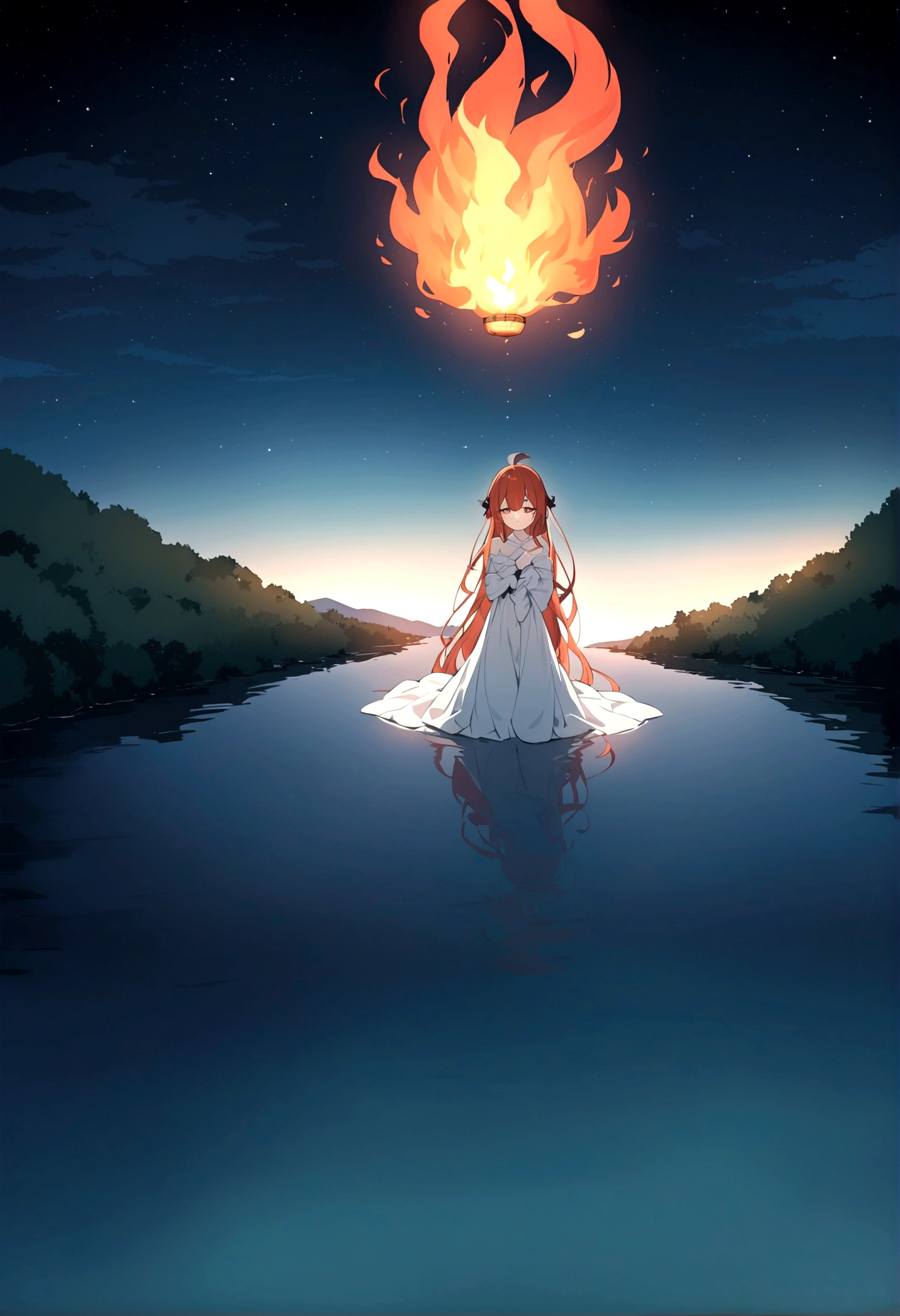 In the night sky, only the man's head is on fire and flying over the river.。The flame is flickering。Set the background to a tranquil rural landscape with a dark night sky。