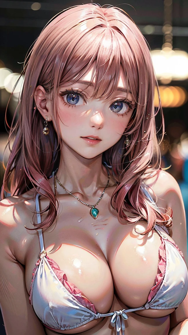 (Masterpiece, BestQuality:1.3), (ultra detailed:1.2), (hyperrealistic:1.3), (RAW photo:1.2), High detail RAW color photo, professional photograph, (Photorealistic:1.4), (realistic:1.4), professional lighting, perfect anatomy, (Big Breasts:1.2), (blush, detailed face), (A happy smile:1.7), Trending Hair&Trending Hairカラーをランダムに, earrings, necklace, bracelet, sexly, erotic sexly, Random sexy gravure poses, (A woman in a white bikini、プールサイドでサングラスをかけながらA happy smileでセクシーなポーズをとっている。Her long pink hair is shining。:1.3)