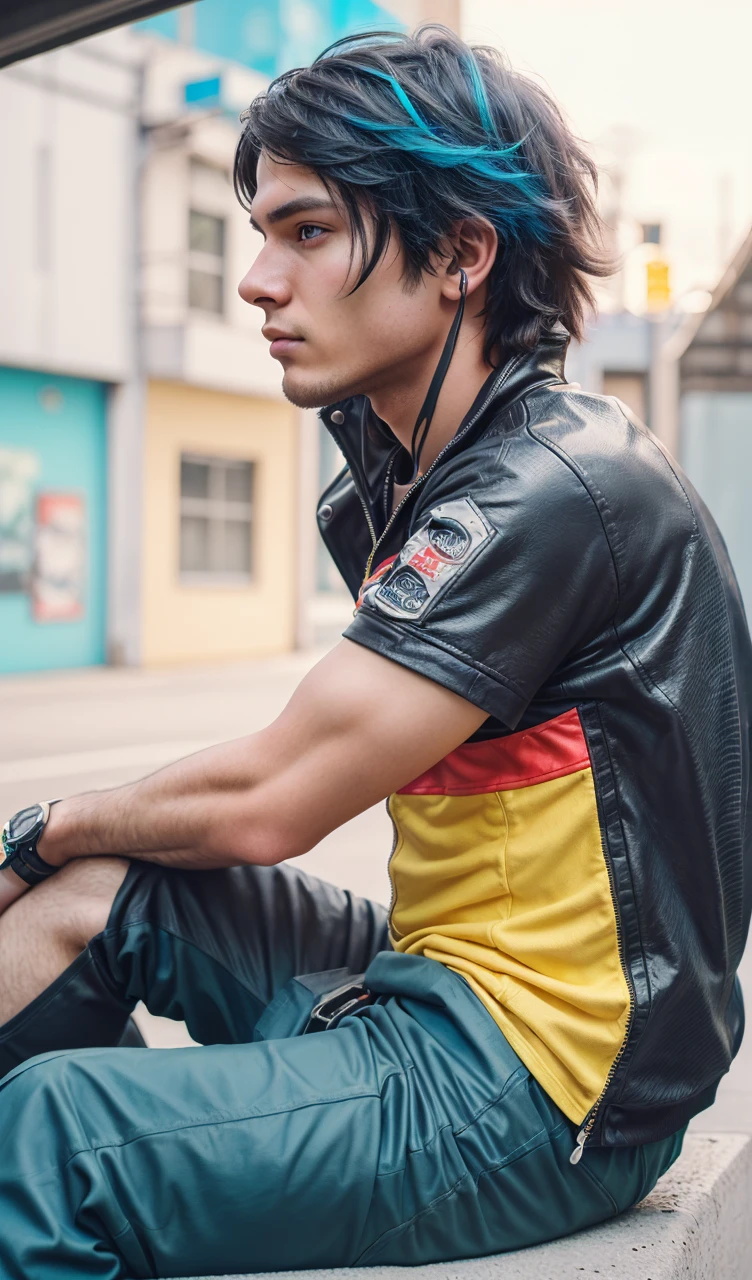 (Photorealistic:1.4) image of a cyber punk boy, (top-quality, 8K, 32K, masterpiece), (dynamic pose), ((facing camera)), (looking at camera), cowboy shot, shapeless hair, colorful hair, colorful cyberpunk clothing, depth of field f/1.8, cyberpunk city background, cinematic lighting.