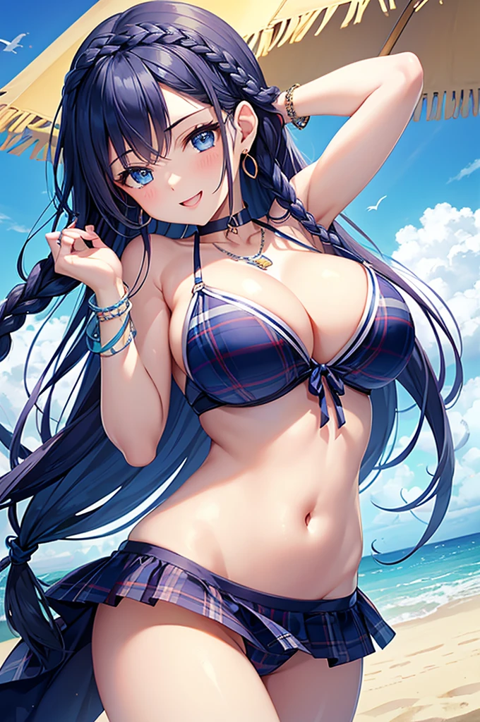 Highest quality、Highest quality、masterpiece、Beauty(Age 25)、Navy blue long hair(Braided sides)、blue eyes、Sexy plaid bikini、Big cleavage、(Big Breasts),smile、blue necklace、Blue Earrings、background(Beach)、Please open your mouth wide、head band、bracelet、Dynamic pose、Blue choker
