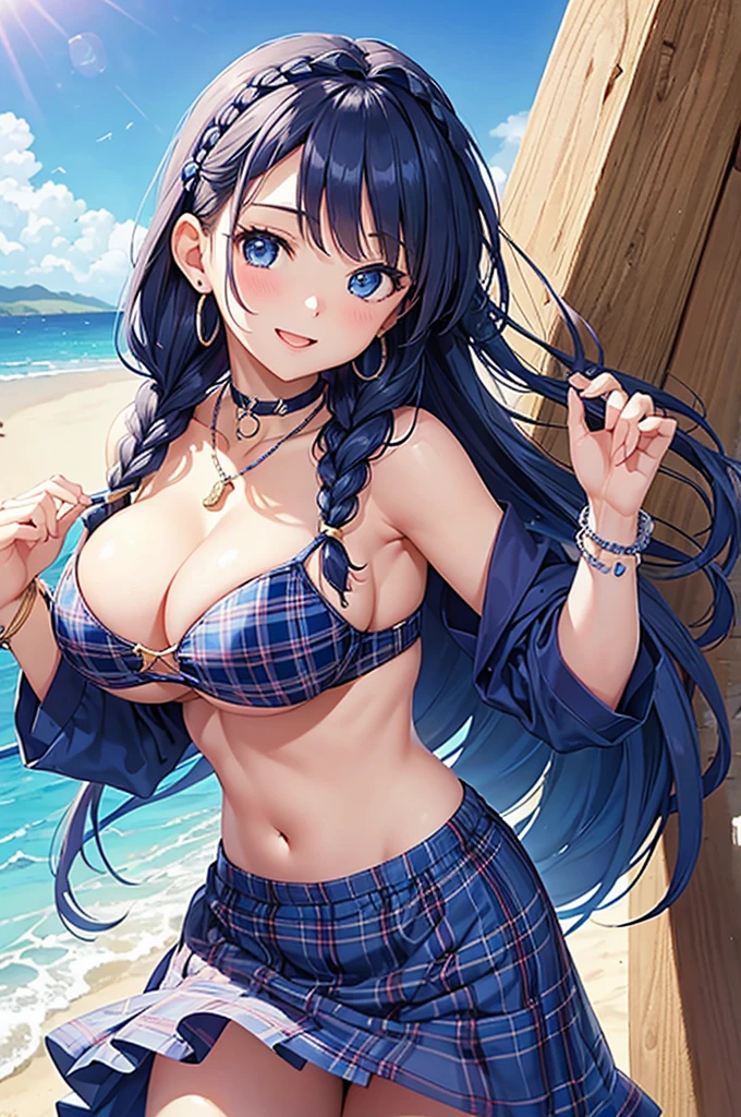 Highest quality、Highest quality、masterpiece、Beauty(Age 25)、Navy blue long hair(Braided sides)、blue eyes、Sexy plaid bikini、Big cleavage、(Big Breasts),smile、blue necklace、Blue Earrings、background(Beach)、Please open your mouth wide、head band、bracelet、Dynamic pose、Blue choker