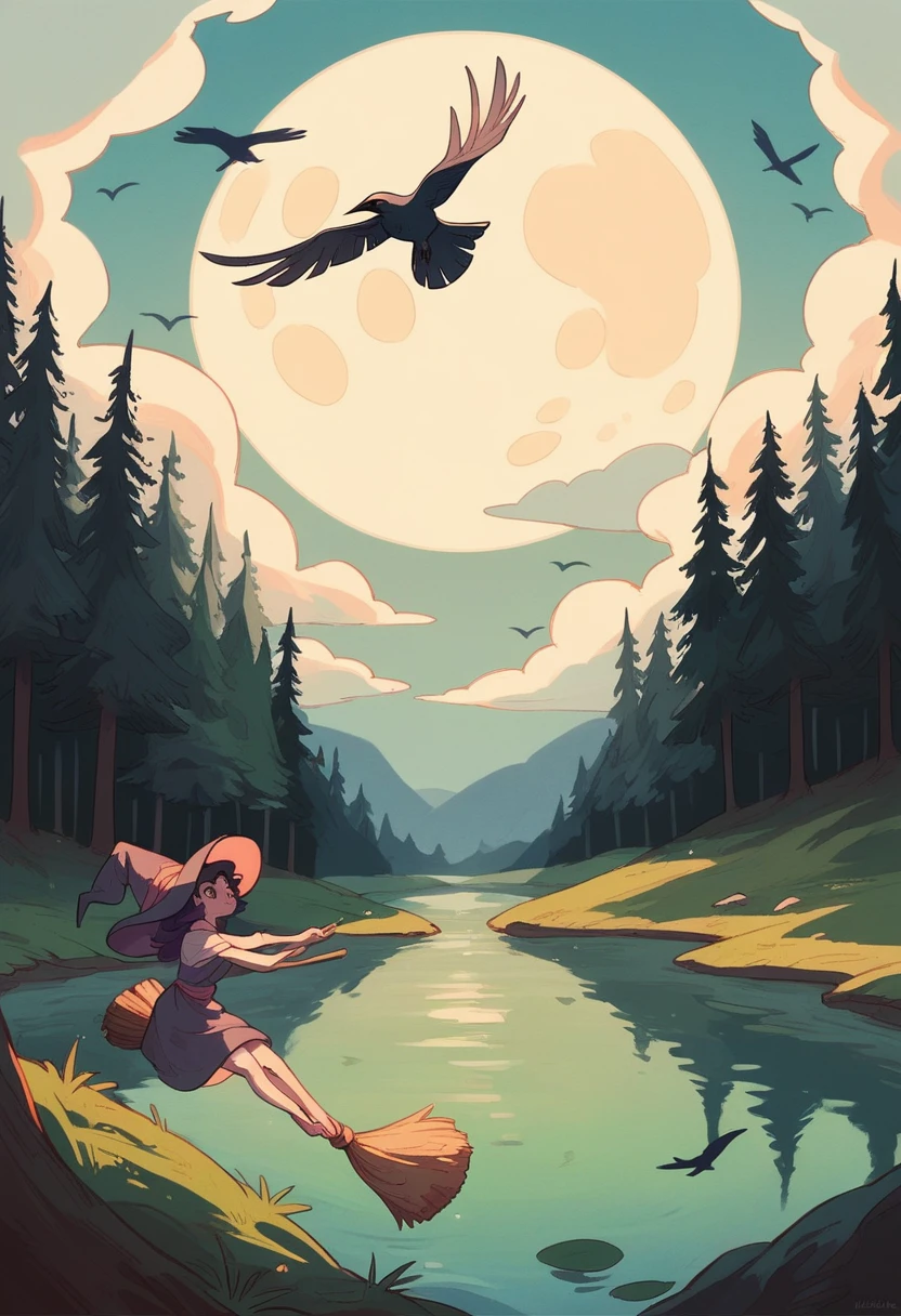 woman, witch, bathing lake, broom floats in the air, on the broom hangs clothes of a woman witch, twilight, cloudy sky, crows flying, full moon, moonlight, forest lake, outdoors,