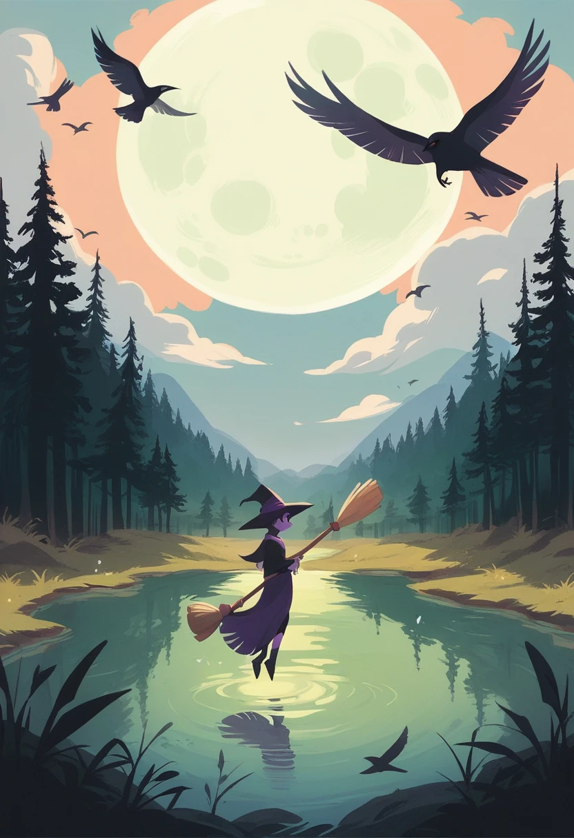 woman, witch, bathing lake, broom floats in the air, on the broom hangs clothes of a woman witch, twilight, cloudy sky, crows flying, full moon, moonlight, forest lake, outdoors, 