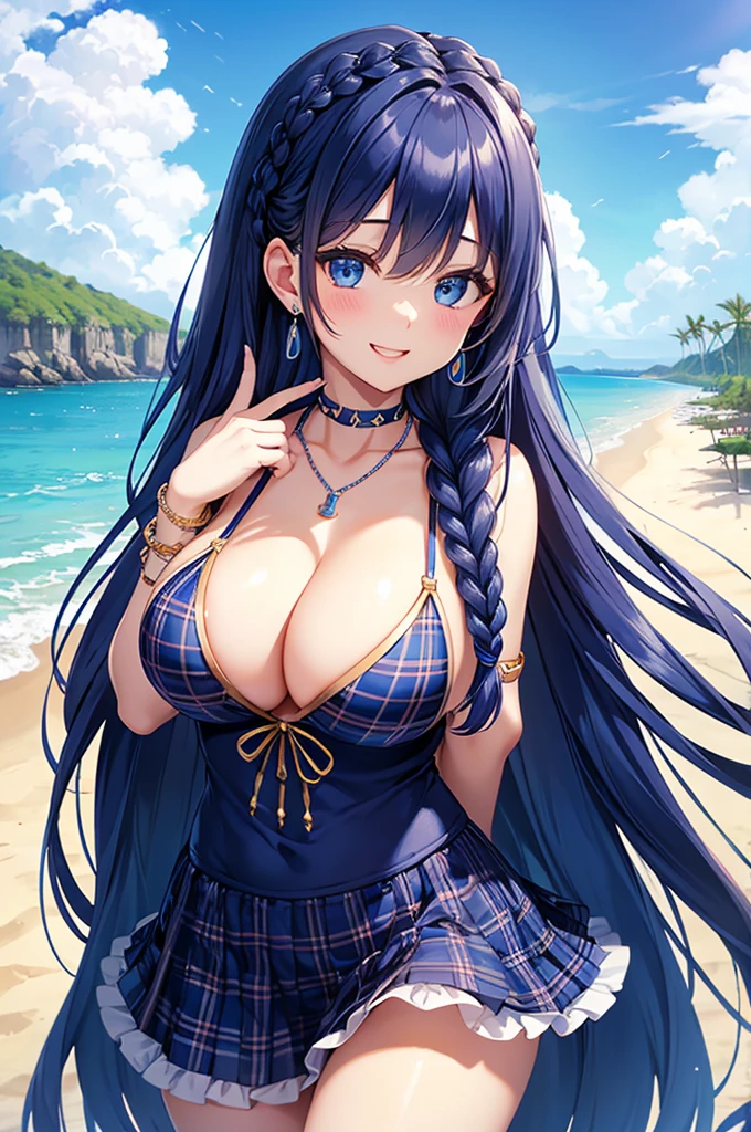 Highest quality、Highest quality、masterpiece、Beauty(Age 25)、Navy blue long hair(Braided sides)、blue eyes、Sexy plaid bikini、Big cleavage、(Big Breasts),smile、blue necklace、Blue Earrings、background(Beach)、Please open your mouth wide、head band、bracelet、Dynamic pose、Blue choker