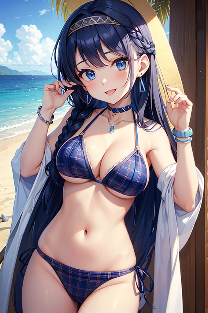 Highest quality、Highest quality、masterpiece、Beauty(Age 25)、Navy blue long hair(Braided sides)、blue eyes、Sexy plaid bikini、Big cleavage、(Big Breasts),smile、blue necklace、Blue Earrings、background(Beach)、Please open your mouth wide、head band、bracelet、Dynamic pose、Blue choker