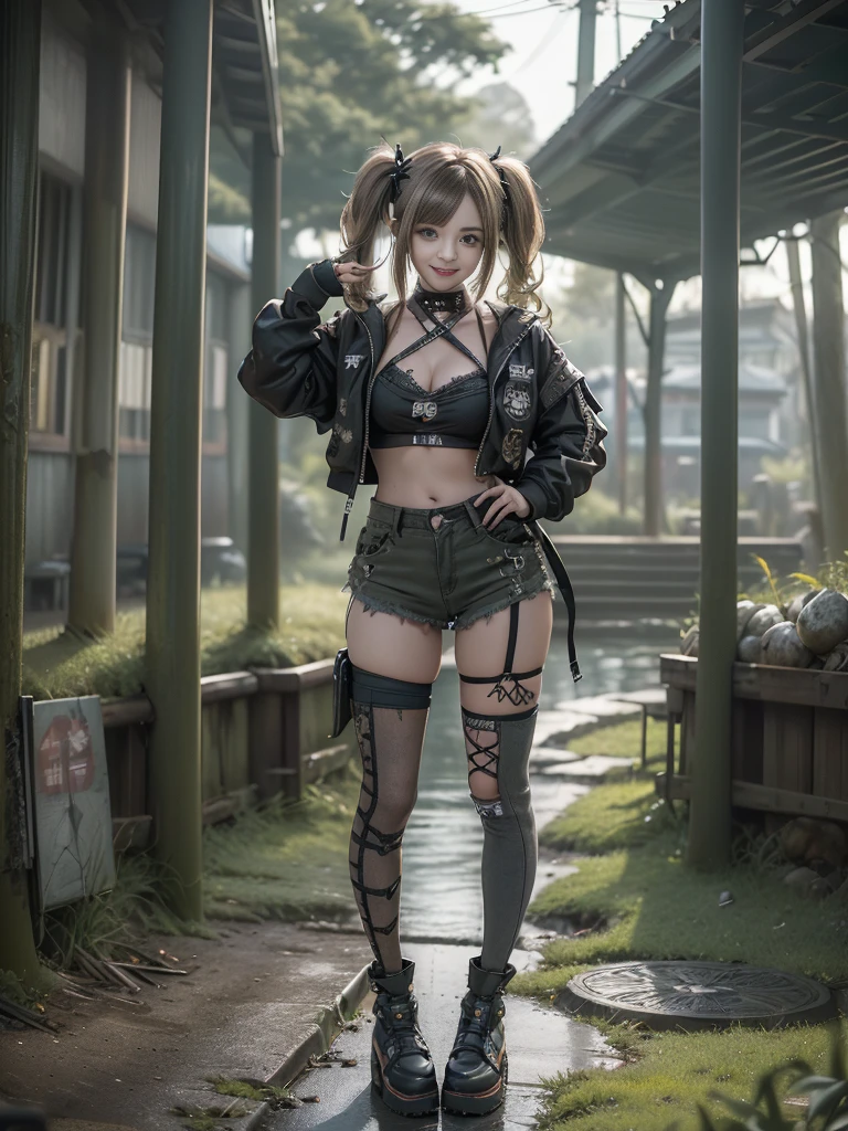 (Hostess:1.3)、(Smiling with teeth showing:1.3),(Shibuya Gal:1.5)、(Landmine Girl:1.4)、(Lolita Fashion:1.5)、(Punk RockVisual Kei:1.4)、(A modern short jacket in dark grey and moss green.:1.5)、(Tattered brown and charcoal denim low rise cargo pants:1.5)、(Mustard Yellow Headband:1.3)、(Charcoal and khaki striped knee socks:1.4)、collar、(Brown platform long boots)、(Clothing with logo pattern:1.4)、20-year-old、Browsing Caution,((Highest quality、In 8K、masterpiece:1.3))、Sharp focus:1.2、(Layered Cut、Huge breasts:1.1),Beautiful woman with perfect figure:1.4、(Doing an aerobics pose:1.3)、Slim Abs:1.2、Butt、Highly detailed face and skin texture、Fine grain、double eyelid,(Twin tails:1.3)、(Brownish golden hair:1.3)、Obscene、Idol Sculpture、(The landscape is a beautiful temple of water and forest:1.3)、(Slimming your legs:1.4)、(The body is slim:1.3)、(clavicle:1.1)