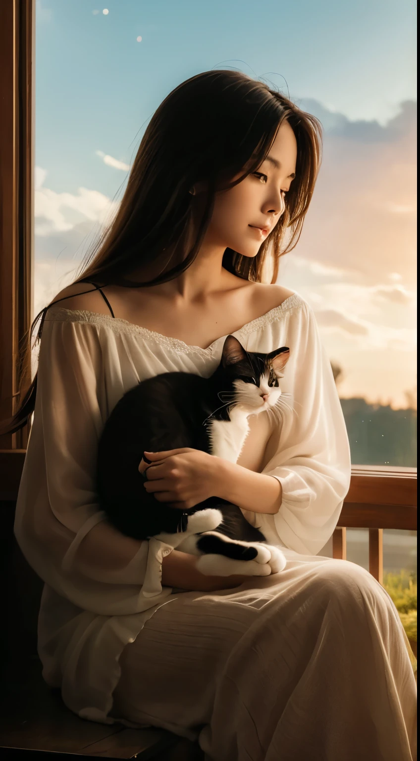 The cat gently cradled in her lover's arms symbolizes the lover's elusive and sensitive nature, while the protagonist waits patiently, watching the distant sky.
