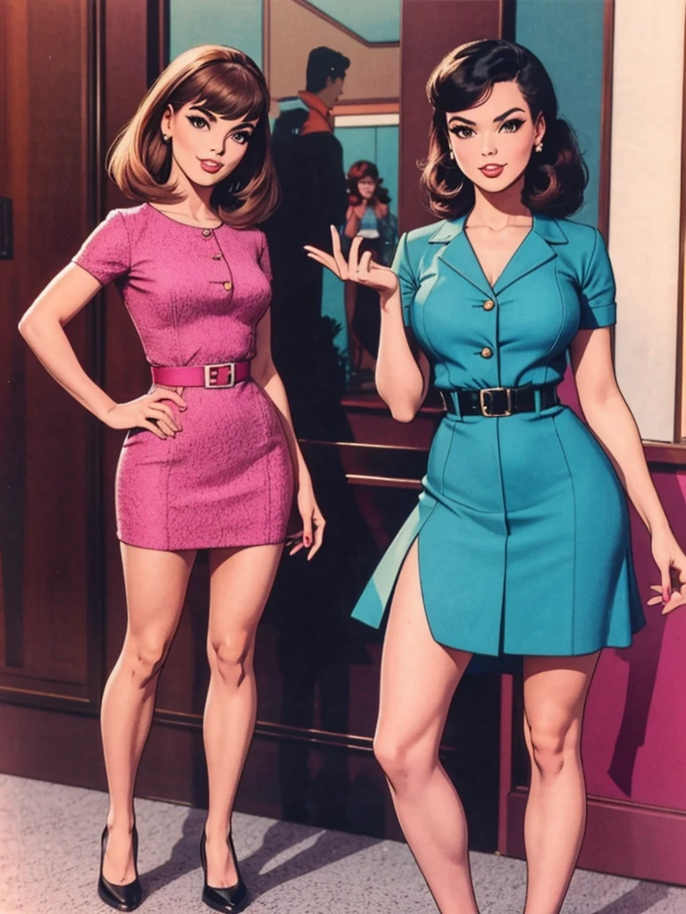 two fashionable young women posing for a picture, retro 60s girls fashion