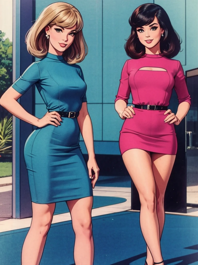 two fashionable young women posing for a picture, retro 60s girls fashion