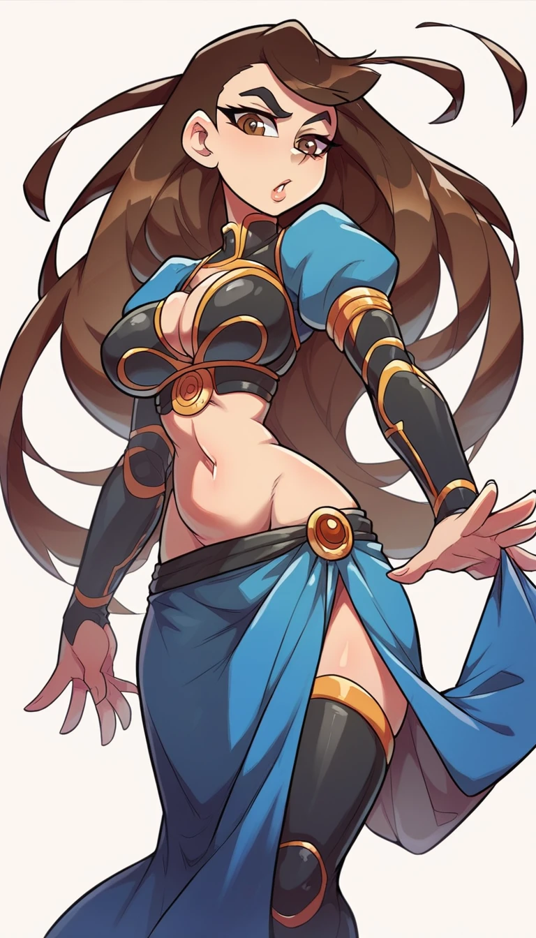 a sexy girl big breast beautiful beauty brown hair long two hair ball asian style her brown eye big black eyebrow dresses kung fu bra black metallic line golden edge shows navel and a black metallic skirt long piece shows leg thighs big sensual blue heel