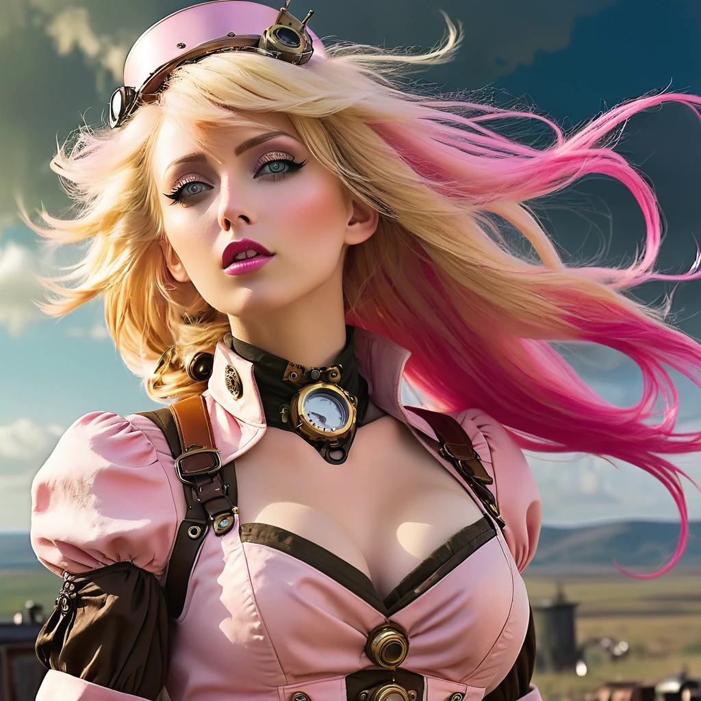 best quality, masterpiece, oral rape, upper body, woman, ruined makeup, blonde hair blown in the wind, shining eyes, steampunk nude style, thin clothes, pink clothes, pink hair, (cum on breasts:1.2)