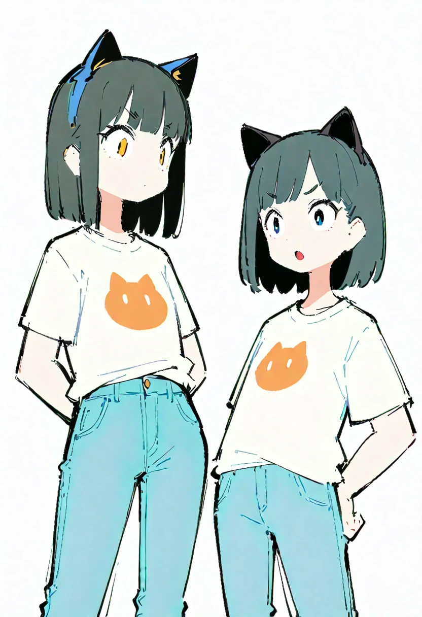 ((Shocked look)) ,(Thick painting style),Bold line, ((masterpiece,)),(((Highest quality))),(sketch),((Girls in their 20s)),Short black hair,Black cat ears,T-Shirts,jeans