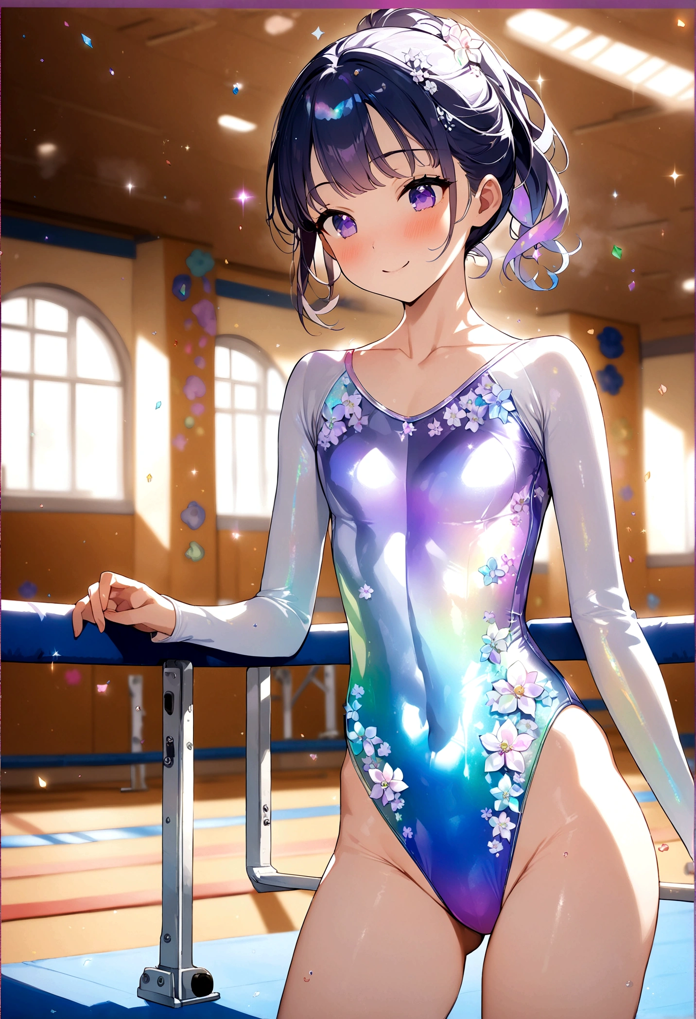 highquality illustration, masterpiece, very delicate and beautiful, attractive girl,(gymnastics leotard, Floral patterns leotard,long sleeve leotard with glittery decoration,high_leg leotard,athletic leotard,tight-fit leotard,iridescent gradient leotard),thin,slender body,slim,high school,gymnasium background,gymnastics club,gymnastics athlete,princess, beautiful eyes,light smile,(masterpiece, best quality:1.2), highres, extremely detailed CG unity 8k wallpaper, perfect lighting, Colourful, ultra-high res,4K,ultra-detailed, photography, 8K, HDR,  ages, 