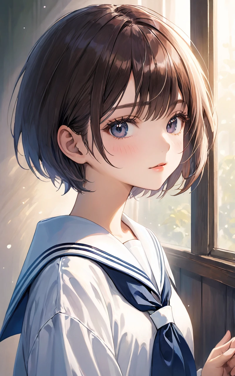 (masterpiece, Highest quality:1.2)、Beauty、manly girl、boyish、Flat Chest、Sailor suit、Pixie Cut、