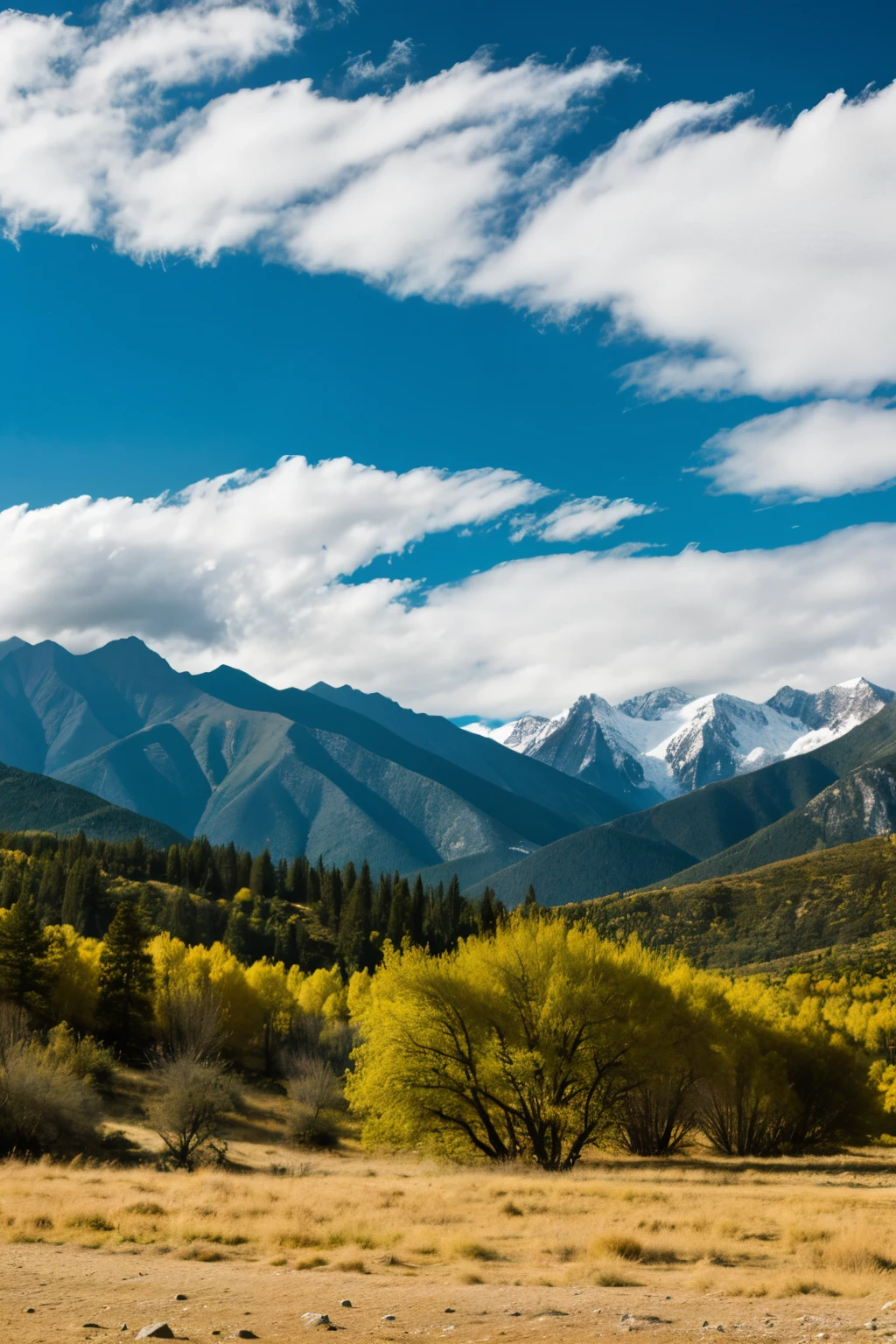 landscape with mountains, arroyo, pines and clouds