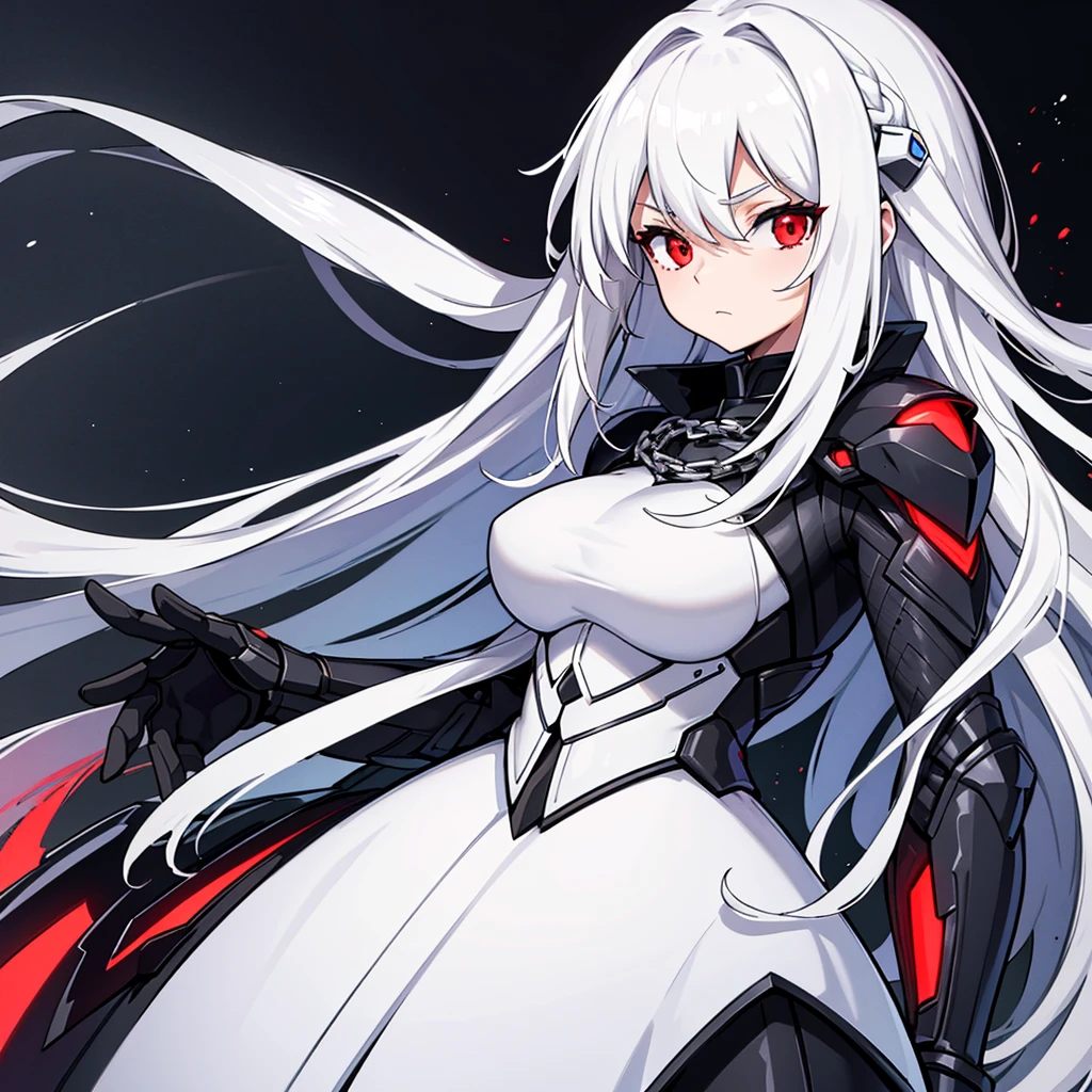 upper body, 1woman, White hair, Long Haired, Red eyes, (Futuristic suit armor), Black Long Cape, big breats, wallpaper, Chain background, light particles, (masterpiece), best quality, closed-mouth