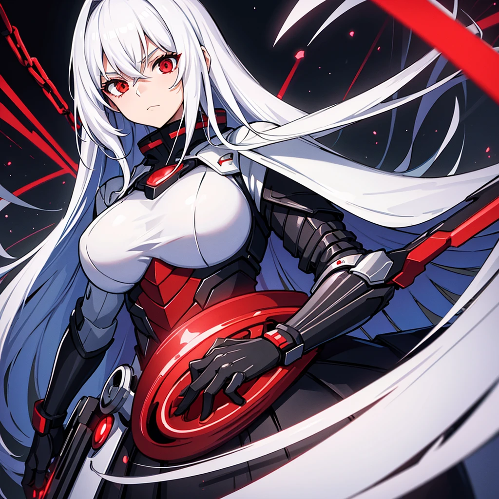 upper body, 1woman, White hair, Long Haired, Red eyes, (Futuristic suit armor), Black Long Cape, big breats, wallpaper, Chain background, light particles, (masterpiece), best quality, closed-mouth