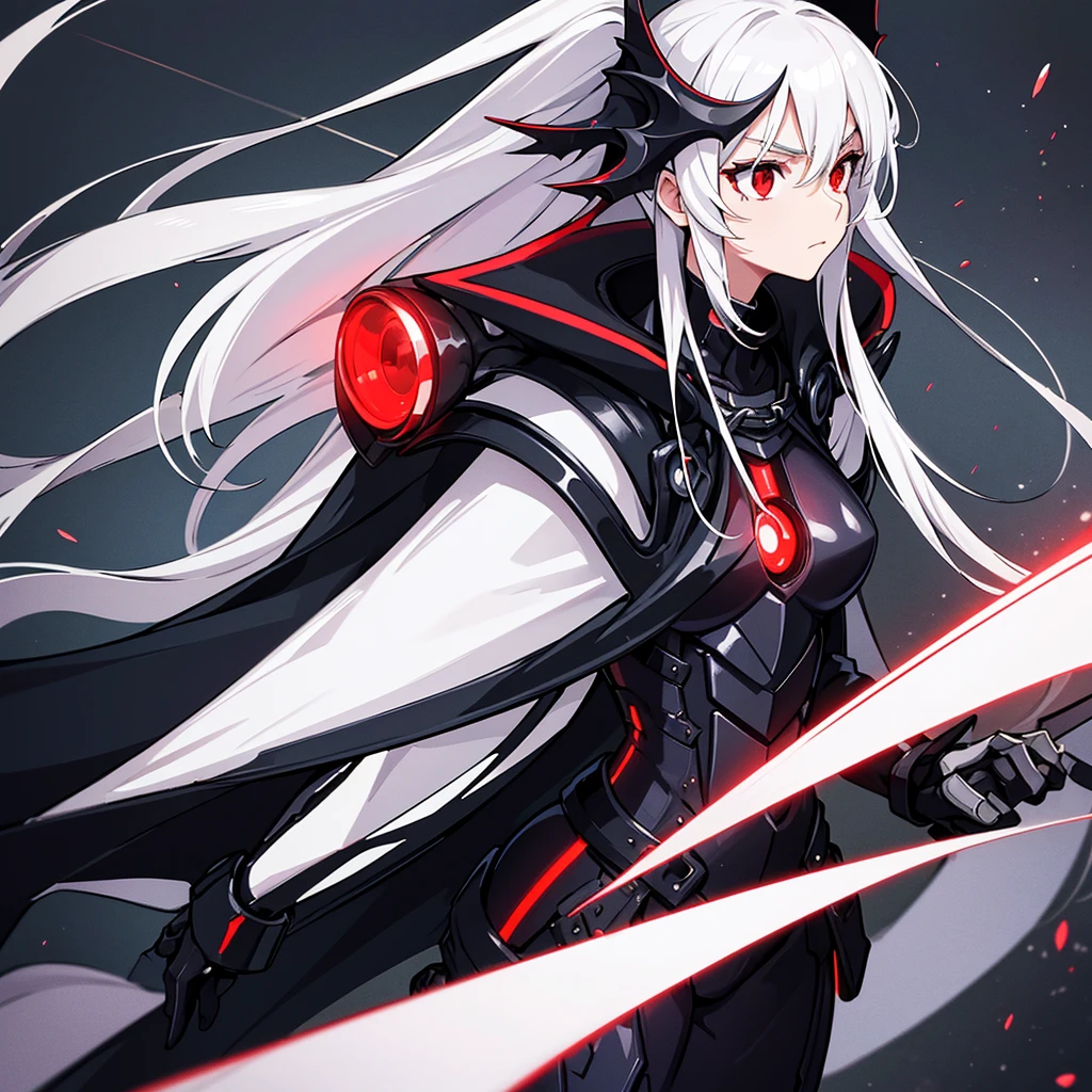 upper body, 1woman, White hair, Long Haired, Red eyes, (Futuristic suit armor), Black Long Cape, big breats, wallpaper, Chain background, light particles, (masterpiece), best quality, closed-mouth