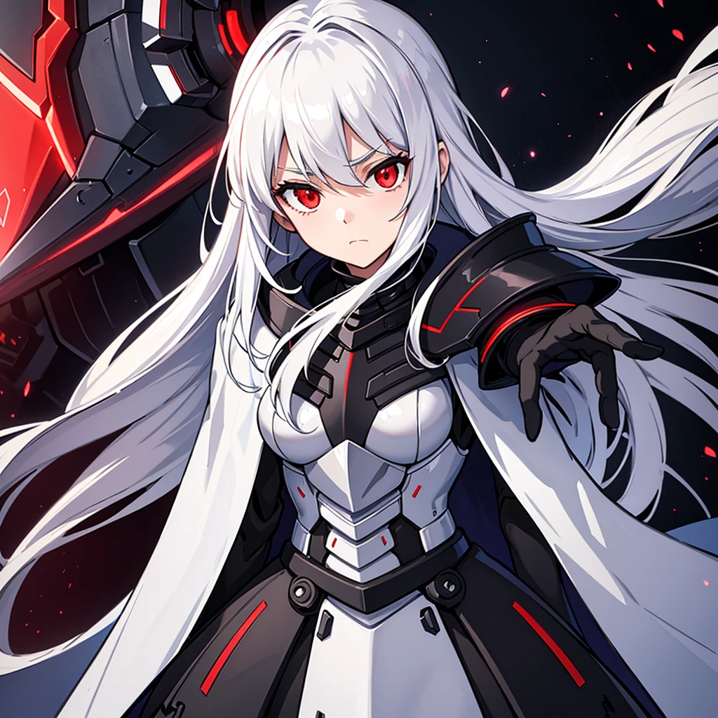 upper body, 1woman, White hair, Long Haired, Red eyes, (Futuristic suit armor), Black Long Cape, big breats, wallpaper, Chain background, light particles, (masterpiece), best quality, closed-mouth