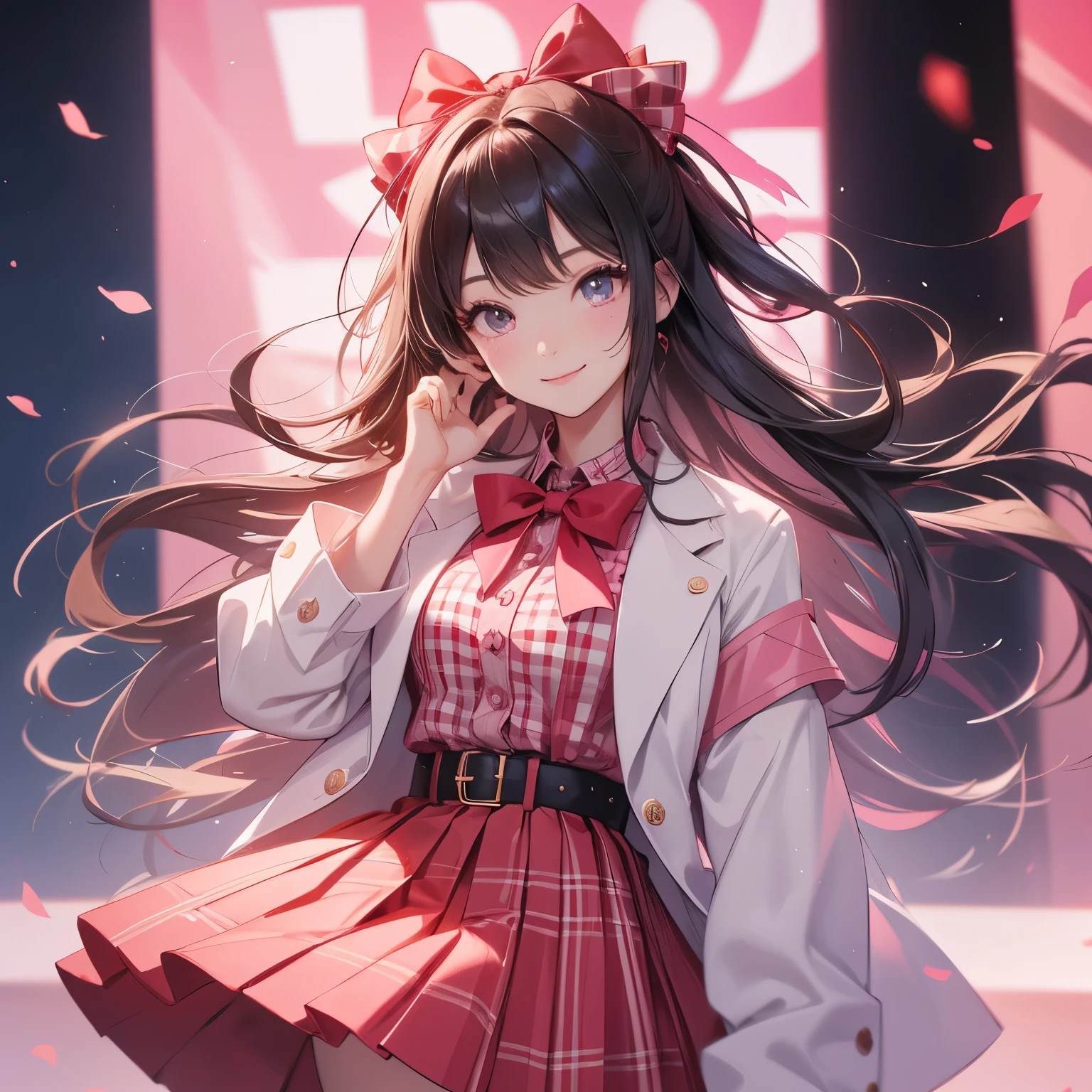 high quality、high resolution、4k、8k、A cute smiling girl with long hair、He is wearing a fitted short jacket over a pink shirt.、She is wearing a red checked pleated mini skirt.、The clothes are idol-style.