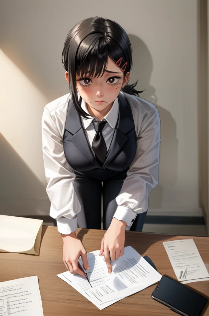 (masterpiece, best quality),  intricate details,
1girl,   kobenidef, short ponytail, hairclip, formal, suit, black necktie, long sleeves, black pants, 
indoors, office, working, professional, desk, paperwork,