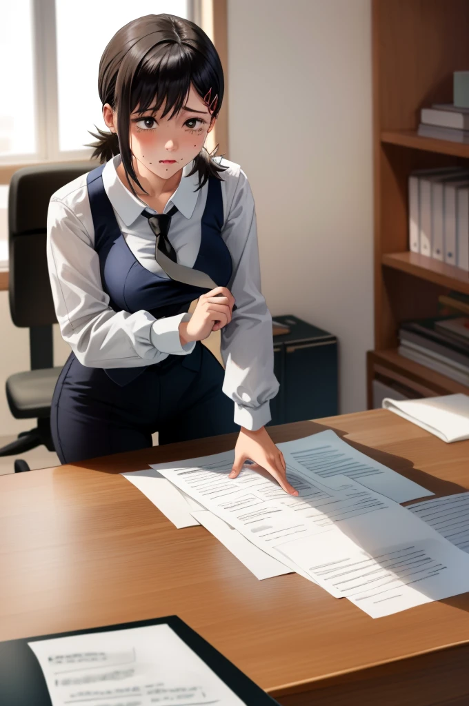 (masterpiece, best quality),  intricate details,
1girl,   kobenidef, short ponytail, hairclip, formal, suit, black necktie, long sleeves, black pants, 
indoors, office, working, professional, desk, paperwork,