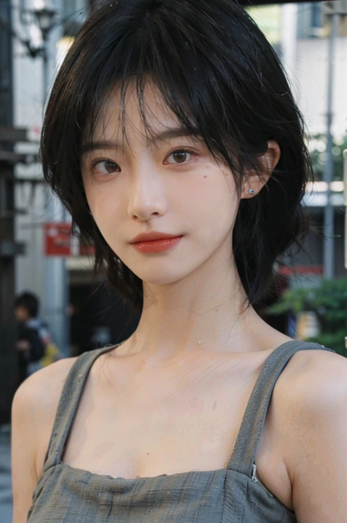 1 girl,model,short hair,A faint smile,serene, calm,Moles under the eyes,Exquisite eyes, Delicate face,Lipstick,earrings,Hair details, dress,(Dress conservatively:1.3)(Large Breasts:1.2),outdoor,background,城市background,(Skin details:1.4),(Realistic and detailed eyes:1.2), Natural skin texture, Realistic facial details,Close-up of face,Portrait Photography,(Portrait Photography:1.1), (smooth skin textures:1.3), (Highest quality real skin textures:1.4), Direct vision,Soft dramatic lighting, Vivid details, 35 mm film, (Photo Practical:1.4), (hyper Practical:1.4), (Practical:1.3), (Smoother lighting:1.05), (Improve lighting quality:0.9), (Enhance the beauty of skin texture:1.1), Depth of Field, Bokeh, Surrealism, Ray Tracing, ( Surrealism, High Detail, Chiaroscuro, Ray Tracing, reflected light, Ultra HD, Ultra HD, masterpiece, Textured Skin, Super Detail, High Detail, high quality, best quality