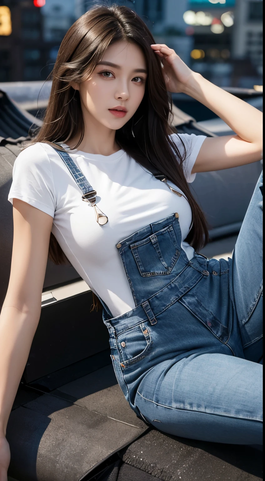 ((midnight, best quality, 8K, masterpiece :1.3)), whole body, Long legs, Clear focus :1.2, Beautiful woman with perfect body :1.4, Slim abdominal muscles :1.1, ((Dark brown hair, Large Breasts :1.2)), (White Tight Tee, Overalls Jeans, permanent:1.2), ((City night scene, roof:1.3)), Highly detailed face and skin textures, Delicate eyes, Double eyelids
