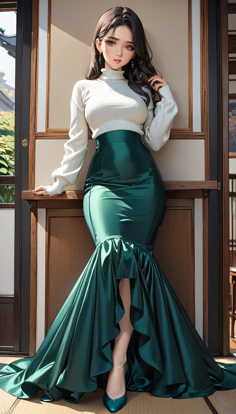 Portrait、(masterpiece,Highest quality,Ultra-high resolution),Japanese women, (((Very beautiful 25 year old girl))),Long sleeve sweater、((Satin mermaid style high waist long skirt))、The skirt is ankle-length、