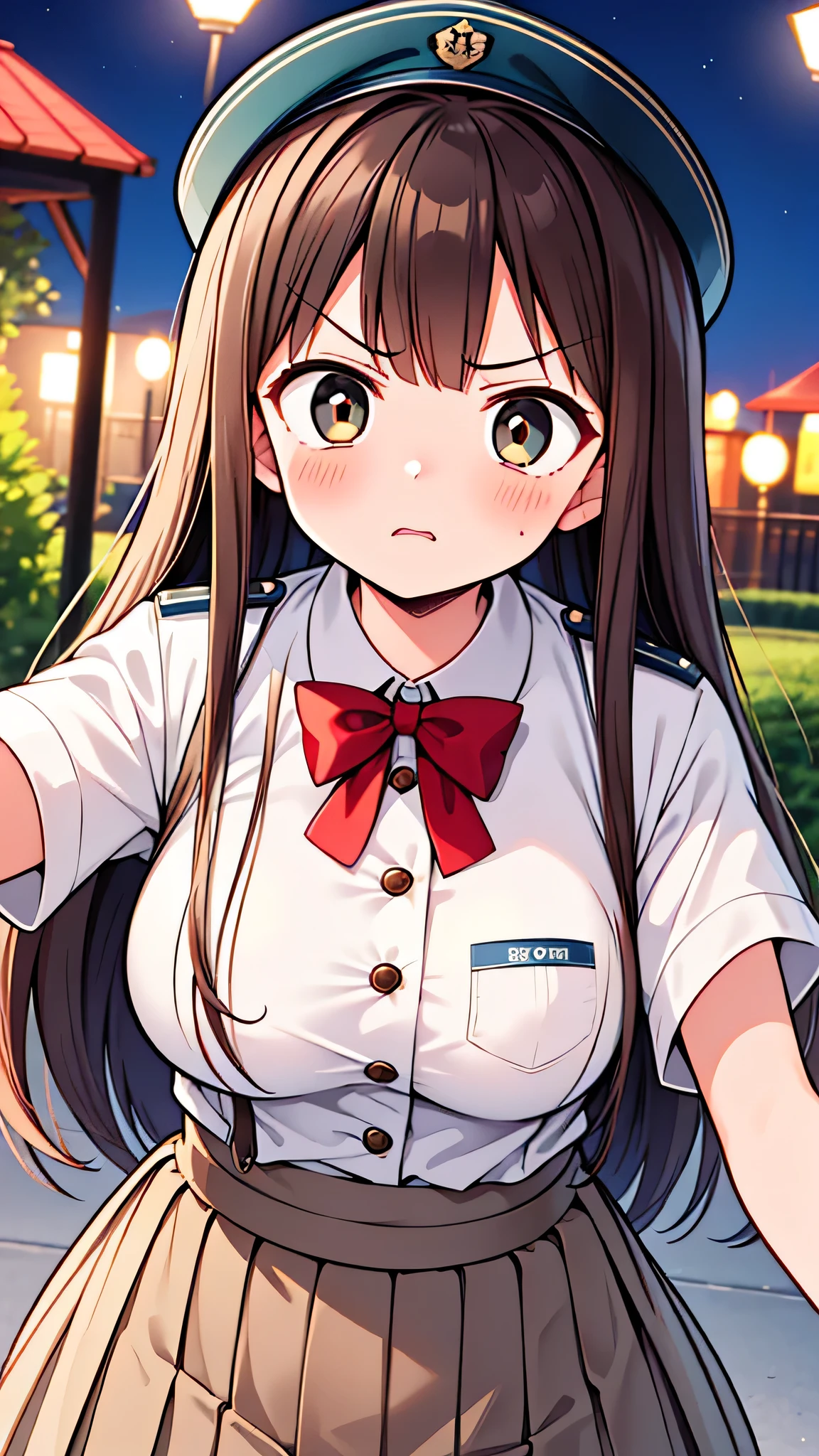 {Highest quality], [Super beautiful], [Ultra fine], [Best illustration], NSFW,Brown Hair, Hime cut, Long Hair, With bangs, girl, Uniform cap,Security uniform,Woman with an angry face,blush, Slender women,Short sleeve,Long straight skirt, Adult women,(Public）Night Park, Strike a Pose,Woman Close-up