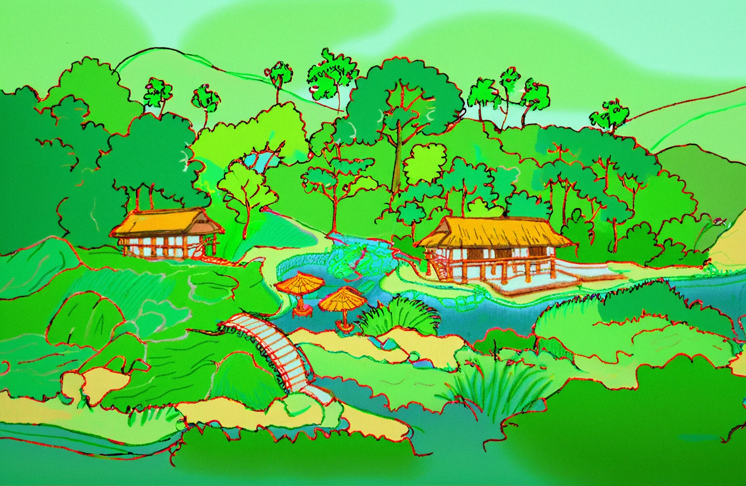 A serene rural landscape with traditional Asian architecture nestled within a lush, hilly terrain. The scene includes two thatched-roof houses elevated on stilts, surrounded by dense forest and rolling hills. A winding stream flows through the center, crossed by a charming wooden bridge. Near the stream, there are small tables with umbrellas, offering a peaceful spot to relax and enjoy the natural beauty. Large boulders and a variety of plant life, including tall trees and shrubs