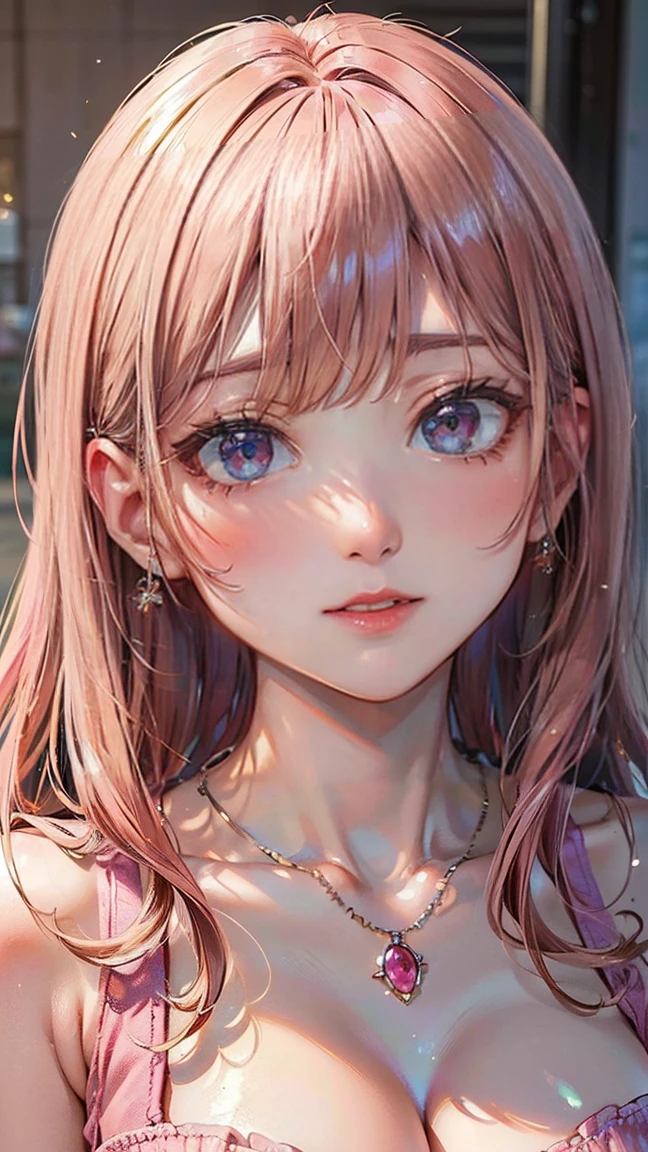 (Masterpiece, BestQuality:1.3), (ultra detailed:1.2), (hyperrealistic:1.3), (RAW photo:1.2), High detail RAW color photo, professional photograph, (Photorealistic:1.4), (realistic:1.4), professional lighting, perfect anatomy, (Big Breasts:1.2), (blush, detailed face), (A happy smile:1.7), Trending Hair&Trending Hairカラーをランダムに, earrings, necklace, bracelet, sexly, erotic sexly, Random sexy gravure poses, (A woman wearing a pink dress、ビーチで写真を撮りながらA happy smileでセクシーなポーズをとっている。Pink straight hair is beautiful。:1.3)
