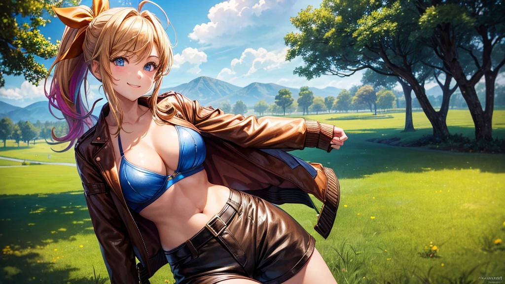 1girl, solo, summer, village, trees, sun, clouds, ((colorful hair)), ponytail, large full breasts, ((brown leather jacket)), brown leather shorts, ((blue bra)), nipples, blue eyes, skirt, smile, looking at the viewer, standing, hair ribbon, golden necklate