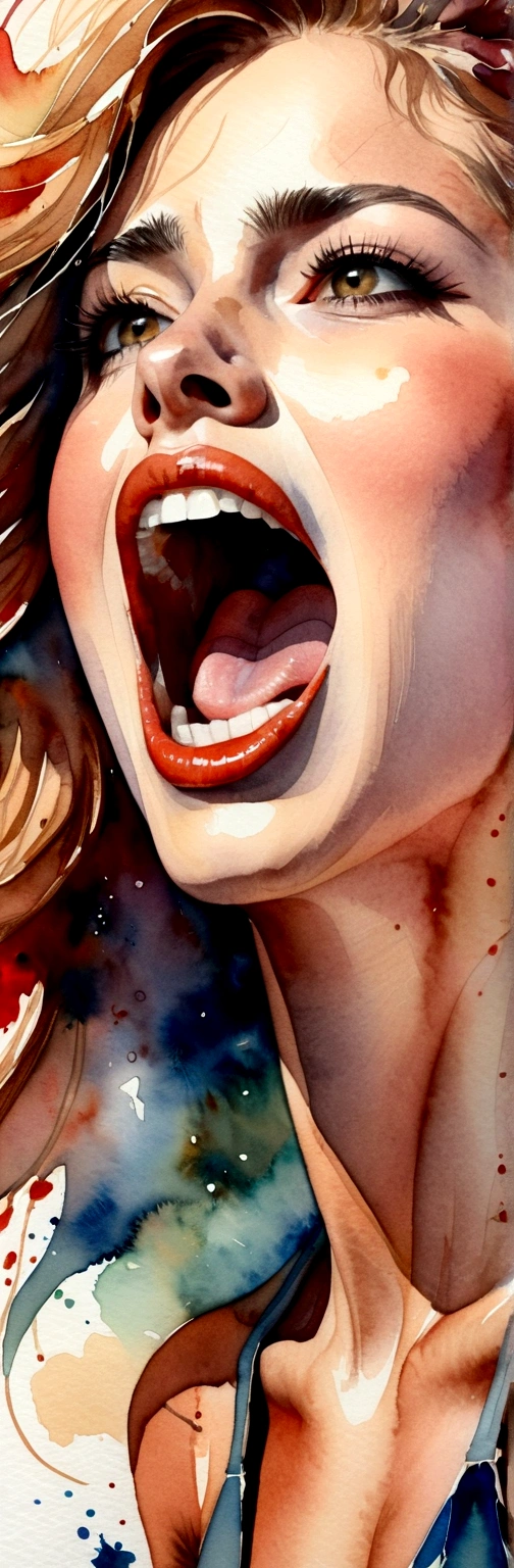 side view of girl,His mouth opened wide and he shouted loudly in anger..,watercolor,abstract art,greatly exaggerated