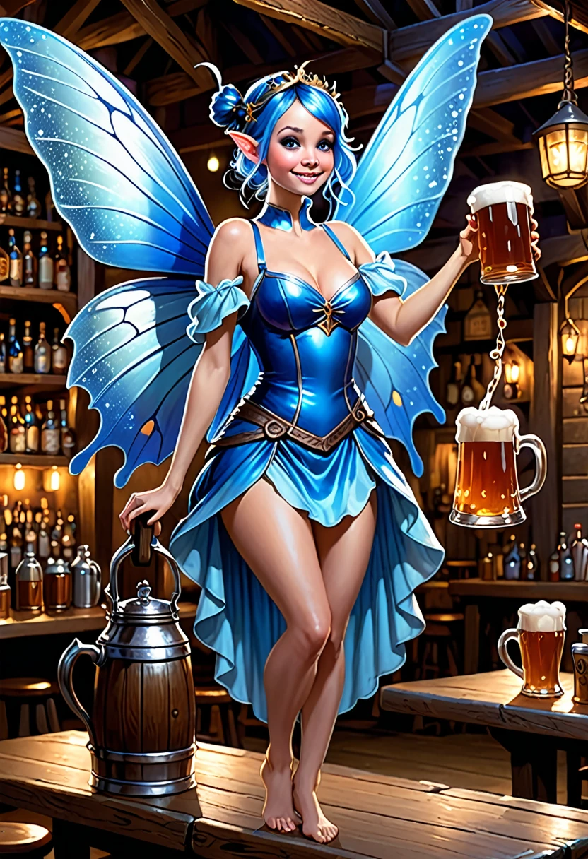 In a dimly lit fantasy tavern, a tiny blue fairy stands on a table. Her shimmering wings are folded behind her as she holds a giant flagon of ale above her head. Her neck is craned back as she catches a gigantic drop of foamy ale in her mouth