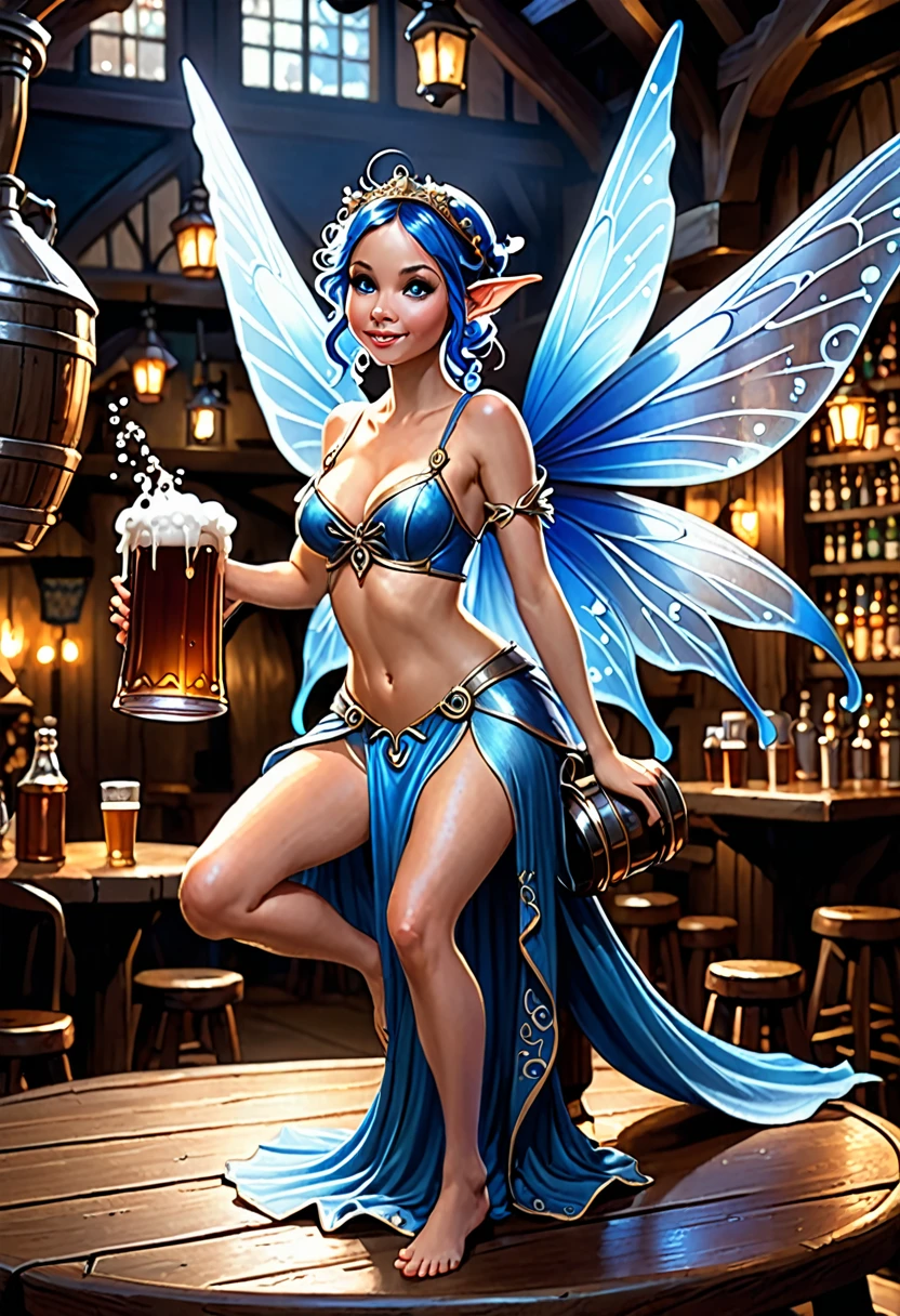 In a dimly lit fantasy tavern, a tiny blue fairy stands on a table. Her shimmering wings are folded behind her as she holds a giant flagon of ale above her head. Her neck is craned back as she catches a gigantic drop of foamy ale in her mouth