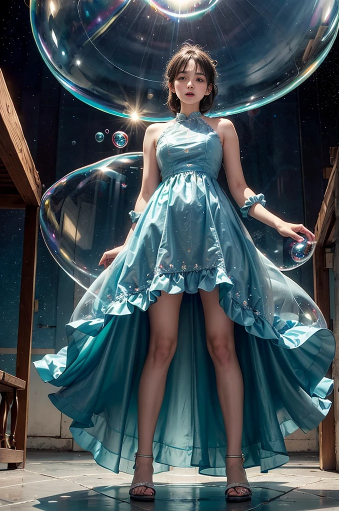 best quality,masterpiec,(((girl inside big soap bubble))),full body,on,((girl in bubble)),in the air,(((wariza in air bubble))),starry sky)),dress,(((wariza))),from afar,((girl inside bubble)),((full body inside bubble)),see-through clothes, medium hair, aqua hair,((from below))
